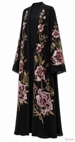 Abaya en velours noir brodée de fleurs, cardigan pour femmes, robe longue musulmane, robe de soirée avec bordure en dentelle