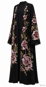 Abaya en velours noir brodée de fleurs, cardigan pour femmes, robe longue musulmane, robe de soirée avec bordure en dentelle - Product Image 2