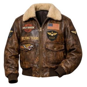 Chaqueta de aviador estilo bomber de cuero envejecido con revestimiento premium |   Calzado Deportivo Marrón Auténtico, Transpirable, Edición Streetwear, Estilo Vintage - Product Image 2