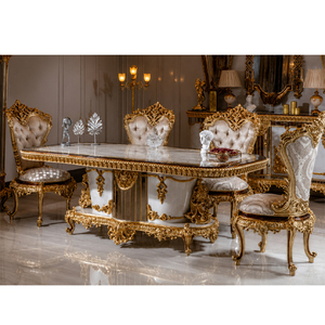 6 Seater Modern Teak Wood <b>Dining</b> <b>Table</b> Set <b>with</b> White & Gold Finish Durable Royal Kingdom <b>Dining</b> <b>Chairs</b> (Customizable Size) Uk - Product Image 1