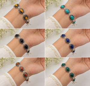 กำไลข้อมือพลอยออนิกซ์สีเขียวธรรมชาติ |   สร้อยข้อมือแบบเชื่อมต่อชุบเงินออกซิไดซ์ทำมือ |   เครื่องประดับแฟชั่นสไตล์โบฮีเมียนวินเทจสำหรับผู้หญิง - Product Image 2