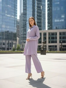 Conjunto de Vestido Camisero de Manga Larga Color Lavanda con Pantalones Anchos, Corte Holgado, Transpirable, Viscosa, Ropa de Oficina, Profesional, Largo Midi - Product Image 3
