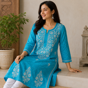 Modern Turquoise Blue Hand Embroidered Lucknowi Chikankari Straight Kurti - Elegant Viscose Ethnic Tunic for <b>Women</b> - Product Image 4