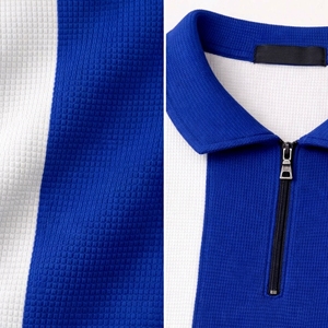 Polo en maille à manches courtes pour homme, de haute qualité, personnalisé, à blocs de couleur, rayé bleu et blanc, avec fermeture éclair, style décontracté, coupe classique - Product Image 6