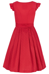 Vestido midi rojo de corte A con manga corta, cuello festoneado, cinturón, dobladillo recto, poliéster tejido, ecológico, cintura natural, casual, para uso diario - Product Image 3