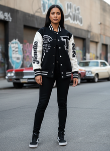 URBANGAZER <b>Men's</b> Winter Varsity <b>Jacket</b> 100% Wool Breathable Windproof Eco-Friendly Patchwork Design High Street Style Black - Product Image 6