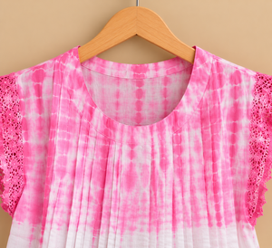 <b>Pink</b> Tie Dye Chiffon Blouse With <b>Lace</b> Cap Sleeves O-Neck Loose Fit Casual <b>Top</b> Women Spring Summer Wear - Product Image 4