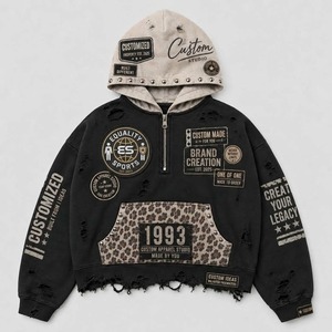 Sudadera con Capucha de Alta Calidad, Diseño Personalizado con Efecto Desgastado, Pedrería y Serigrafía, Estilo Urbano, 100% Algodón - Product Image 2