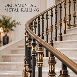 Rampe d'escalier dorée de style régale vintage avec balustres de style baroque et main courante en bois foncé pour intérieurs d'historique de prestige - Product Image 3
