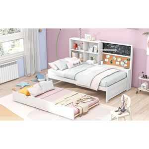 Cama nido individual con estantes de almacenamiento, pizarra y tablero de corcho, puertos USB, blanca, con cama nido extraíble para niños - Product Image 5
