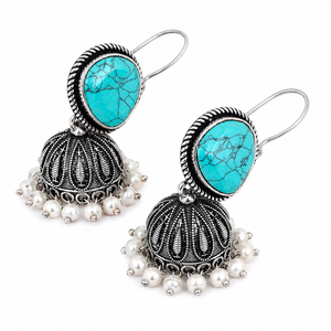 Pendientes Colgantes de Turquesa Hechos a Mano, Disponibles con MOQ |   Pendientes Jhumka de Plata Oxidada Tribal para Mujer - Product Image 3
