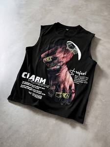 Camiseta sin mangas de algodón grueso con estampado gráfico DTG negro, logotipo personalizado, chaleco 100% algodón para hombre, corte holgado, estampada. - Product Image 4