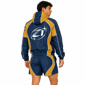 <b>Y2K</b> Streetwear Men's Casual <b>Vintage</b> Style 2-Piece Polyester Breathable Reflective Piping Windbreaker Short Sets Summer Wear USA - Product Image 2