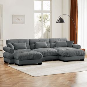 Divano Modulare a U Moderno a 3 Posti con Due Pouf Mobili, Cuscini Lombari e Cuscini Decorativi per Soggiorno - Product Image 2