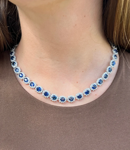 AssayJewelers 36Ct Oval Blue Sapphire 9.6Ct Diamond Halo Link Chain Choker <b>Necklace</b> in 14K Gold Plated Hiphop Wedding Style - Product Image 3