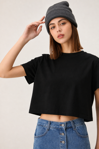 เสื้อยืดผู้หญิง OEM ผ้าฝ้ายแท้ 210 กรัม สไตล์เกาหลี แขนสั้นทรงครอป ลำลอง ทรงเข้ารูป แฟชั่นฤดูร้อน เสื้อยืดพื้นฐานขายส่งสำหรับผู้หญิง - Product Image 2