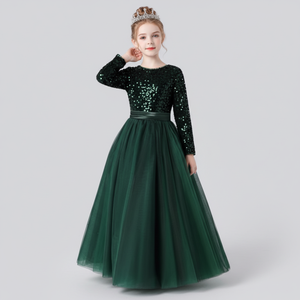 Elegante Vestido de Princesa Verde de Terciopelo con Lentejuelas Bordadas para Niñas, Vestido de Fiesta, Proveedor al por Mayor, OEM - Product Image 2