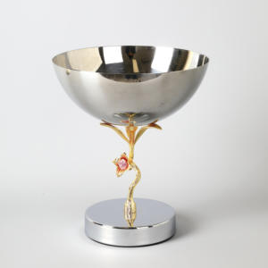 Silver Pedestal Serving Bowl Gold Ginkgo Leaf Blue <b>Crystal</b> Stem Elegant Metal Footed Compote Chalice Home Decor - Product Image 1