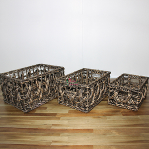 Handmade Rustic Eco Friendly Water Hyacinth Woven <b>Storage</b> Basket Set Shelf <b>Bin</b> <b>Wooden</b> Handles - Product Image 6