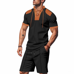 Men's Breathable Color Blocking Polo Shirt and <b>Shorts</b> Set Casual Summer Two Piece Outfit Knitted <b>Polyester</b> - Product Image 6