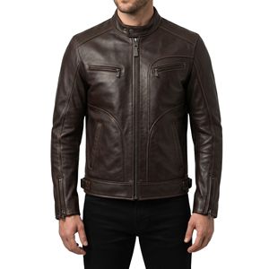 Dark Brown Stand Up Band Collar <b>Men</b> <b>Leather</b> <b>Jacket</b> Double Button Neck Fastening Classic Minimalist <b>Leather</b> <b>Jackets</b> - Product Image 1