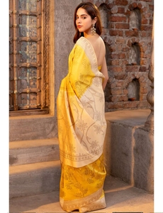 Sari de Seda Tussar KV Mustard con Diseños de Follaje Tejidos y Blusa sin Coser - Product Image 3