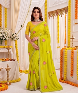 Sari de Seda Verde AARA Fashion con Diseño Floral para Mujer, Estilo Tradicional Indio-Pakistaní, Largo hasta el Suelo, Corte Regular, para Bodas - Product Image 1