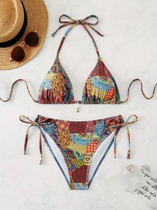 Women's Printed Paisley Bikini Set Halter Neck Tie Side Bottoms With Pearls Decoration Stretch Swimwear - Product Image 3