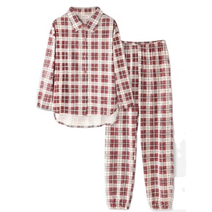 Conjunto de pijama con estampado a cuadros para mujer de alta calidad, pantalones de cintura elástica, solapa, dobladillo Alto y Bajo, camisa holgada, 100% de algodón, talla XL para - Product Image 1