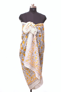 Hand Block Print Cotton Beach <b>Sarong</b> Yellow Floral Pareo Lightweight Summer Wrap Scarf Cover Up. - Product Image 3