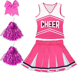Ensemble uniforme de cheerleading pour filles, haut sans manches à col en V, jupe plissée, nœud, pompon, costume de fête d'Halloween, 100% polyester - Product Image 3