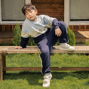 Unisex Navy Blue <b>Jogger</b> <b>Jeans</b> 100% Cotton Elastic Waist Striped Printed Breathable Children Winter Clothing Wholesale - Product Image 2