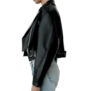 <b>Women</b>’s Faux Leather Cropped Biker <b>Jacket</b>, Lapel <b>Zip</b>-<b>Up</b> Short Coat with Belt, Slim Fit Motorcycle-Style Outerwear - Product Image 4