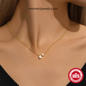 สร้อยคอจี้มุกเงินแท้ 925 ชุบทอง ประดับเพชรทรงหยดน้ำ สำหรับผู้หญิง - Product Image 4