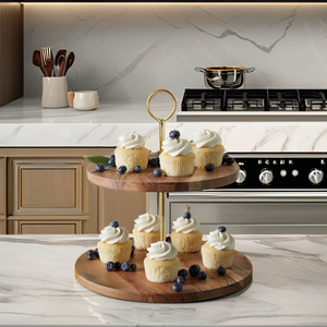 Support à gâteau rond à 2 niveaux en bois de manguier Support à gâteau élégant en bambou pour dessert Utilisation élégante comme vaisselle Article de mariage - Product Image 3