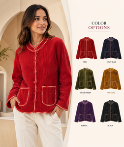 Blouson Bomber en Velours Rouge pour Femme avec Col Montant, Design Matelassé, Rembourrage en Coton, Respirant, Écologique, Vêtement d'Extérieur Décontracté pour l'Hiver - Product Image 5