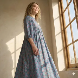 Vintage Sky Blue Floral Block Print Cotton Midi <b>Dress</b> With Puff Sleeve <b>Loose</b> Fit V-Neck Summer <b>Dress</b> For Women - Product Image 3