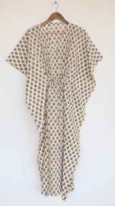 Robe kaftan en coton beige à fleurs, taille à cordon, style bohème, pour l'été - Product Image 5