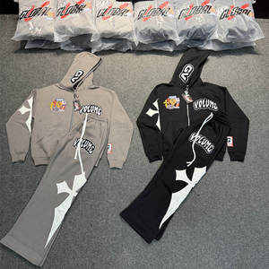 New Breathable Cotton/French Terry Flared Screen printed Applique Embroidery <b>Top</b> Notch Quality Street wear Tracksuit For Men - Product Image 6