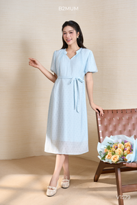 V1579 Vestido de maternidad de manga corta, cuello en V, azul claro con lunares, para mujer, largo hasta la rodilla, silueta en A, 100% algodón, transpirable - Product Image 5