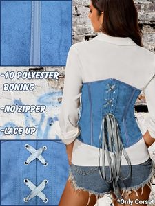 Women Blue Overbust <b>Corset</b> Shapewear Buckle Strap Side <b>Lace</b> <b>Up</b> Waist Trainer Bustier <b>Top</b> - Product Image 3