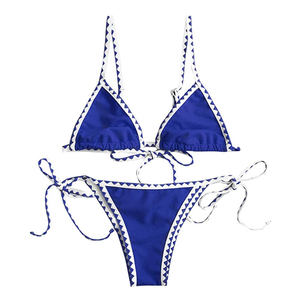 Women's Blue <b>Bikini</b> <b>Set</b> <b>Triangle</b> Neckline Contrast Binding Tie Side Bottoms 2 Piece Swimwear Stretch Fabric - Product Image 1