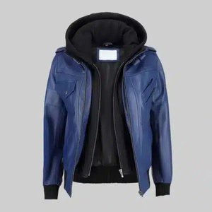 Veste en cuir bleue pour femme avec capuche amovible, vêtement d'extérieur élégant et décontracté, style vintage streetwear, veste en cuir pour femme - Product Image 2