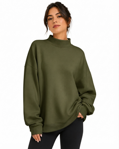 Sweat-shirt oversize à col montant pour femme, vert olive uni, en coton et fibre de bambou, à épaules tombantes, manches longues, pour l'automne - Product Image 1