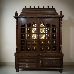 Templo Moderno de Madera de Teca de Estilo Clásico para el Hogar, Unidad de Pooja de Madera con Diseño Om, Compre un Mandir Marrón Oscuro con Cúpulas y Cajones - Product Image 3