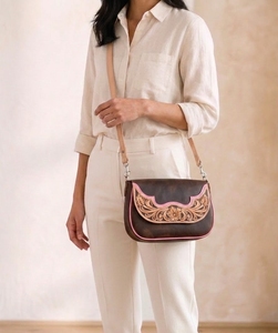 Women's Fashion Genuine Leather Western Tooled Embossed Floral Single <b>Strap</b> <b>Shoulder</b> Crossbody Bag Daily Use - Product Image 4