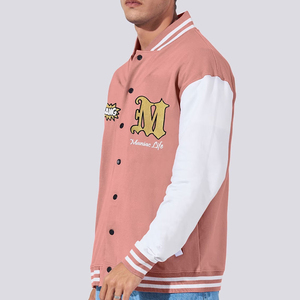 Factory Wholesale OEM High Quality <b>Men's</b> Pink White Varsity <b>Jacket</b> <b>Leather</b> Sleeve Baseball Letterman Regular Fit <b>Men's</b> <b>Jacket</b> - Product Image 3