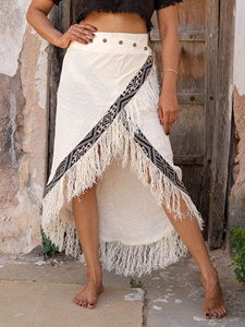 Jupe portefeuille bohème taille haute pour femme avec imprimé géométrique à pompons, longueur mi-mollet, en coton et fibre de bambou, style été - Product Image 2