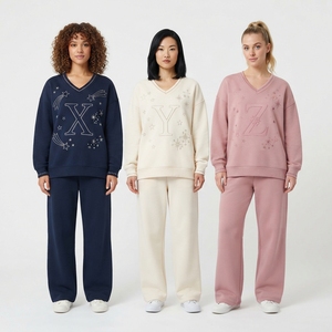 Conjunto de 2 Piezas para Mujer, Sudadera con Cuello en V y Pantalones, Manga Larga, Bordado de Letras, Estilo Casual para Descansar - Product Image 3