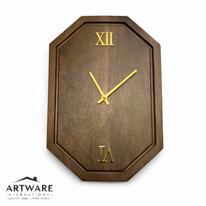 Horloge murale octogonale en bois de qualité supérieure avec chiffres romains dorés, mouvement silencieux minimaliste, design moderne, décoration pour la maison, salon - Product Image 1